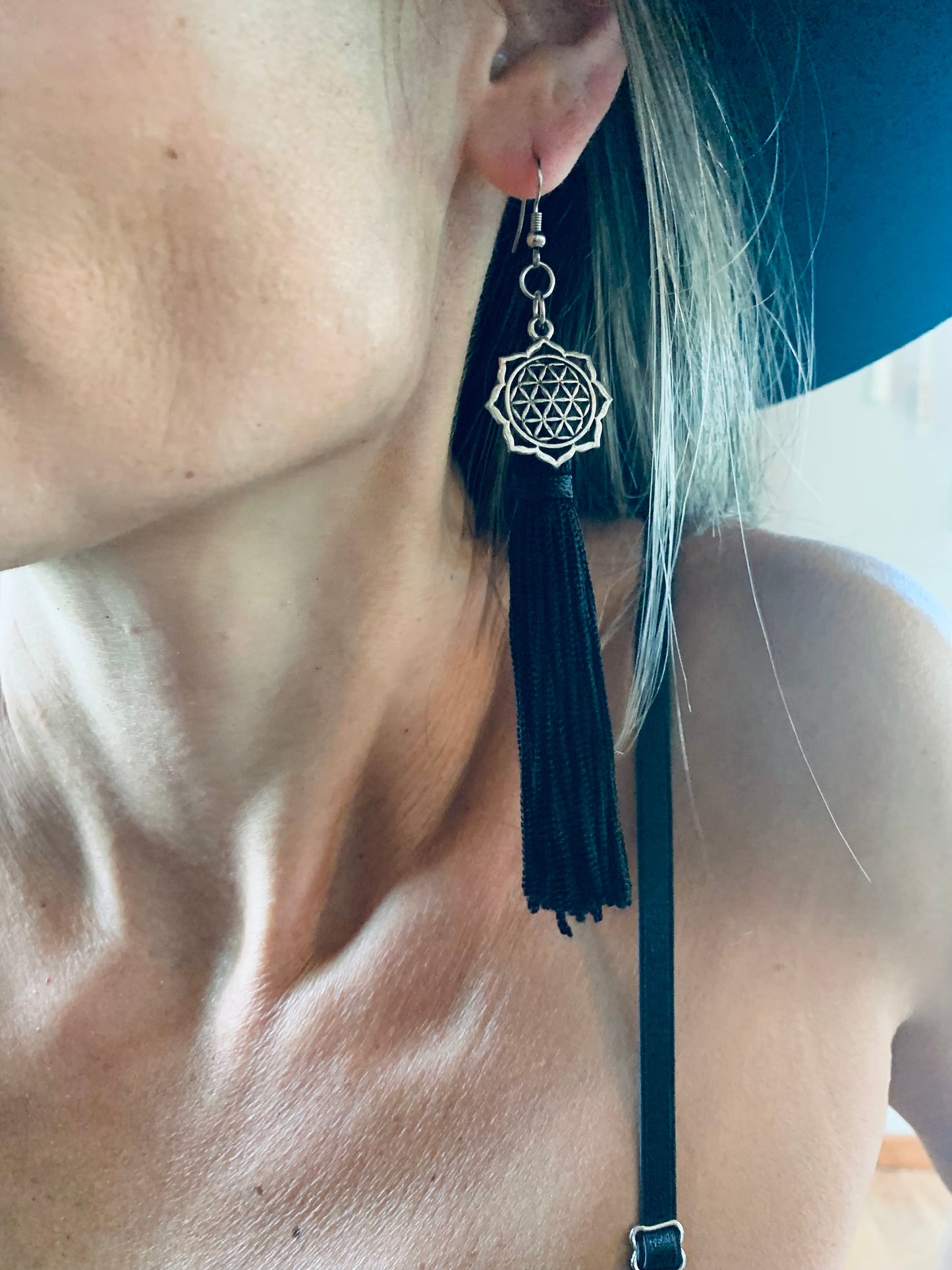 Mandala Earrings w/Black Tassel